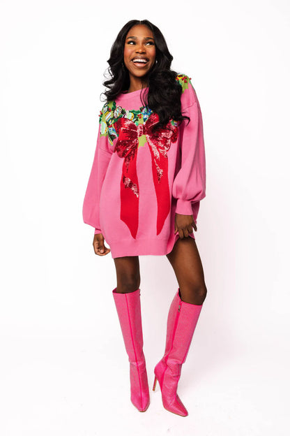 Bright Pink Multi Wreath Around Neck Sweater Dress