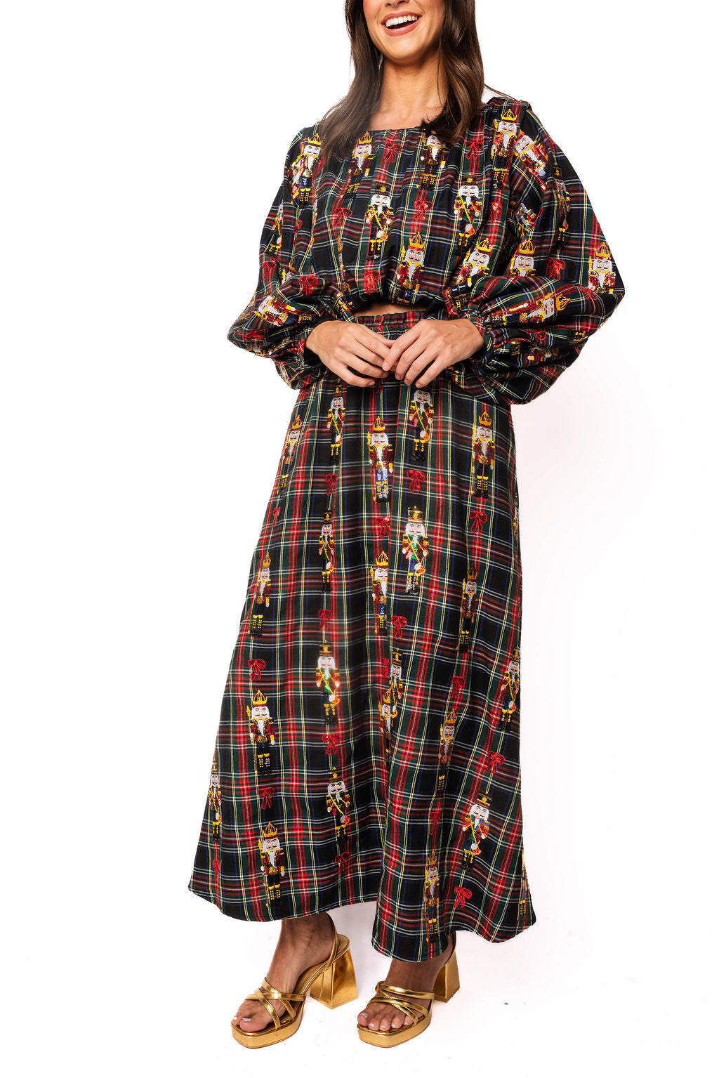 Navy Plaid Nutcracker & Bow Cotton Midi Skirt