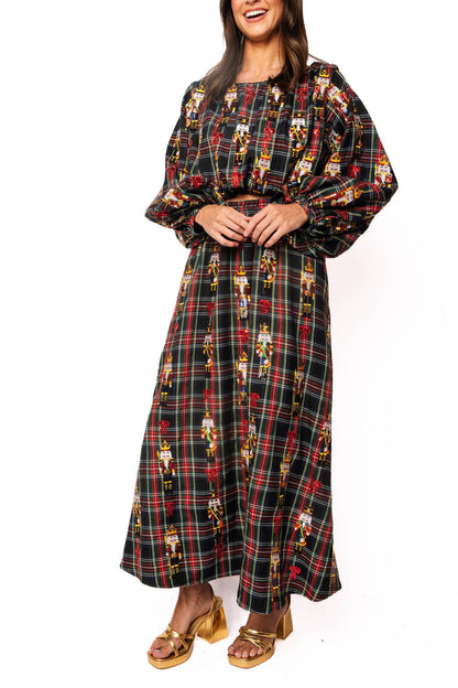 Navy Plaid Nutcracker & Bow Cotton Midi Skirt