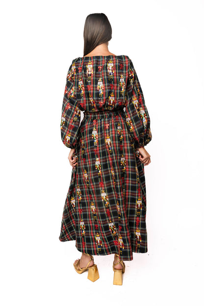 Navy Plaid Nutcracker & Bow Cotton Midi Skirt