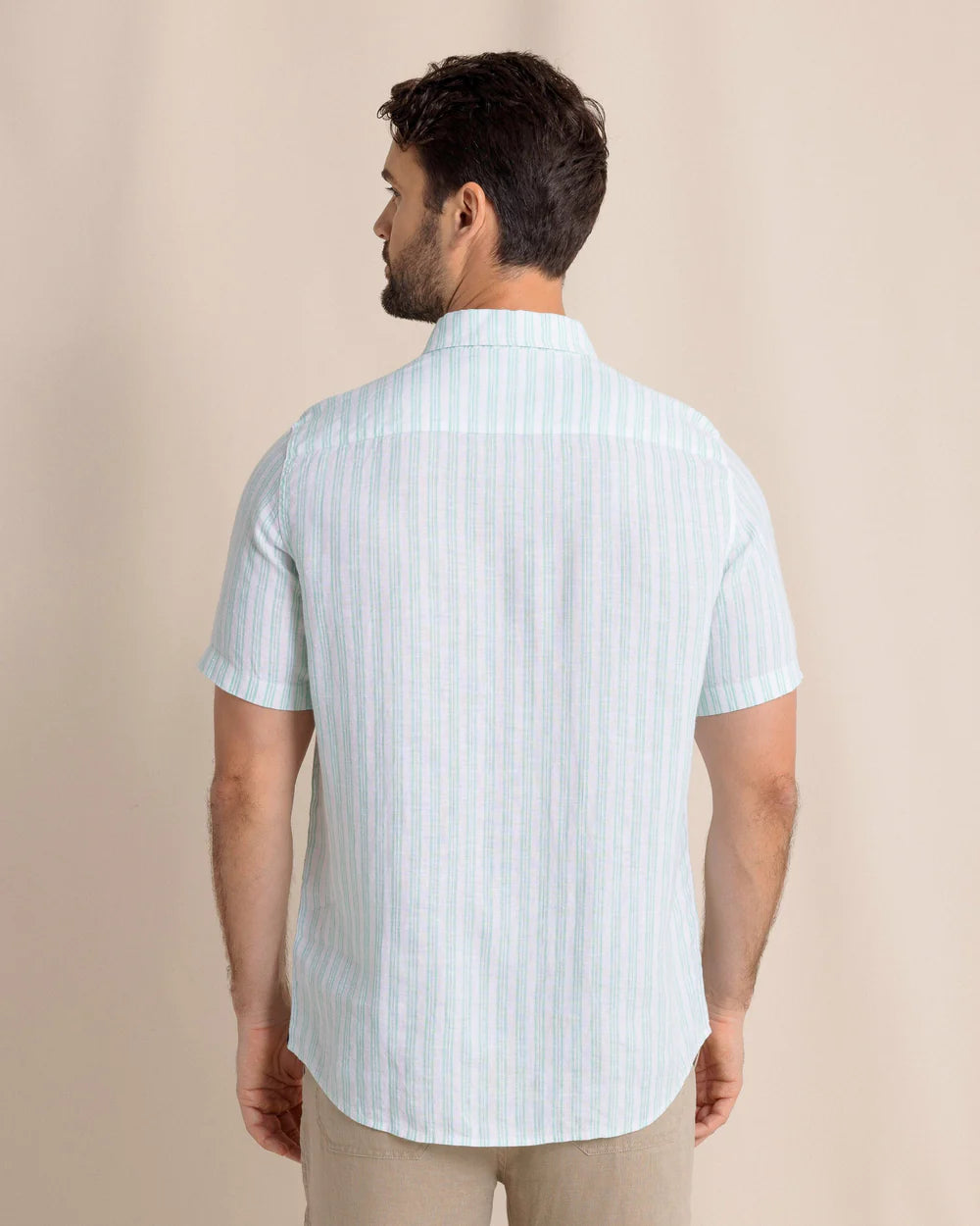 Crepe Myrtle Striped Linen Short Sleeve Sport Shirt - Jade Green