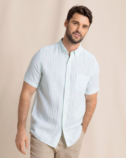 Crepe Myrtle Striped Linen Short Sleeve Sport Shirt - Jade Green