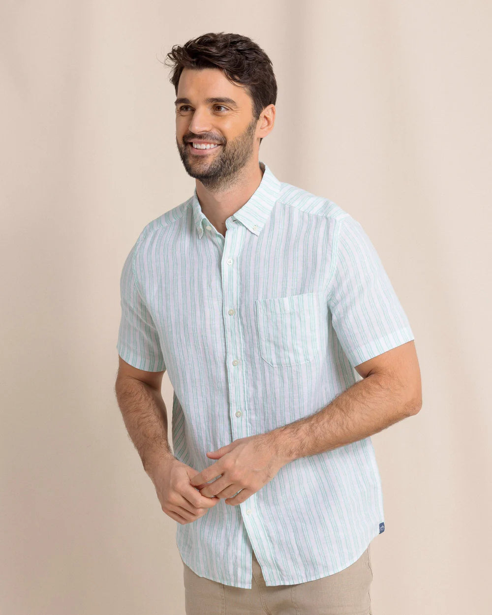 Crepe Myrtle Striped Linen Short Sleeve Sport Shirt - Jade Green