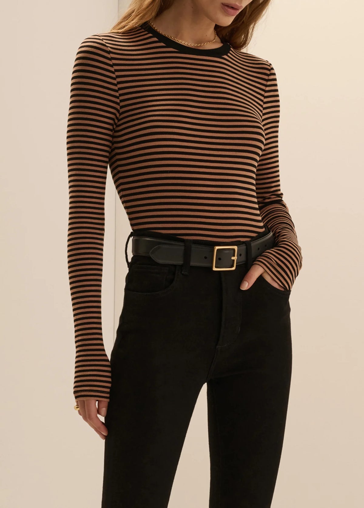 The Foundation Long Sleeve Top - Camel/Black Stripe