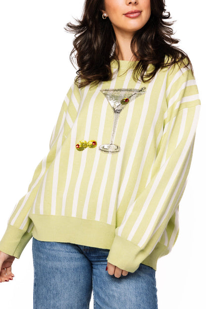 Olive Green & White Stripe Martini Sweater