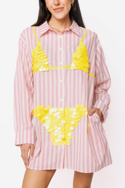 Pink Striped Yellow Paillette Bikini Tunic