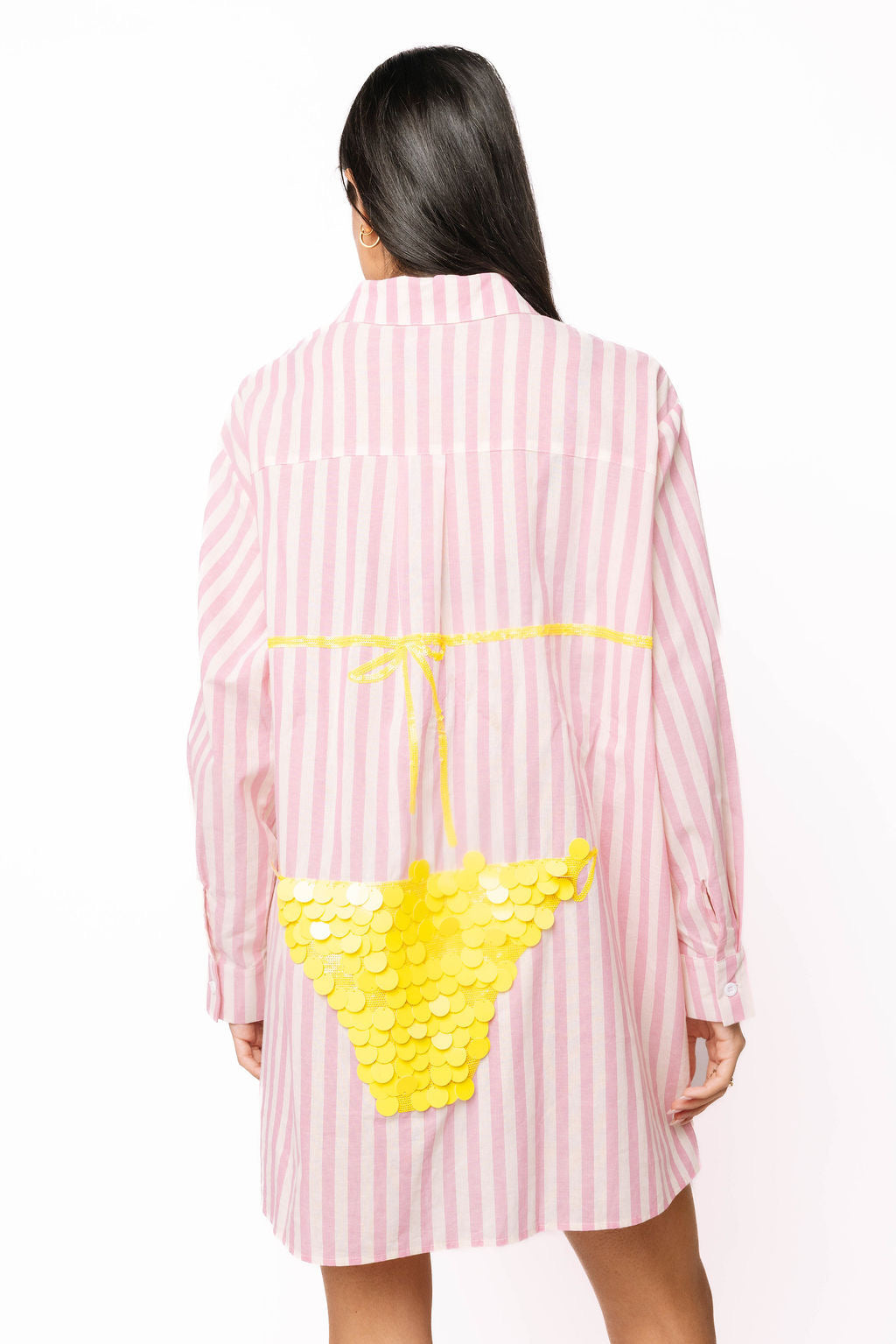 Pink Striped Yellow Paillette Bikini Tunic