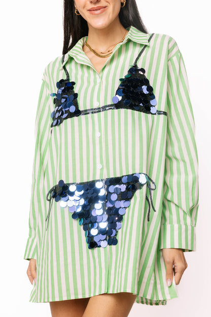 Green Striped Navy Paillette Bikini Tunic