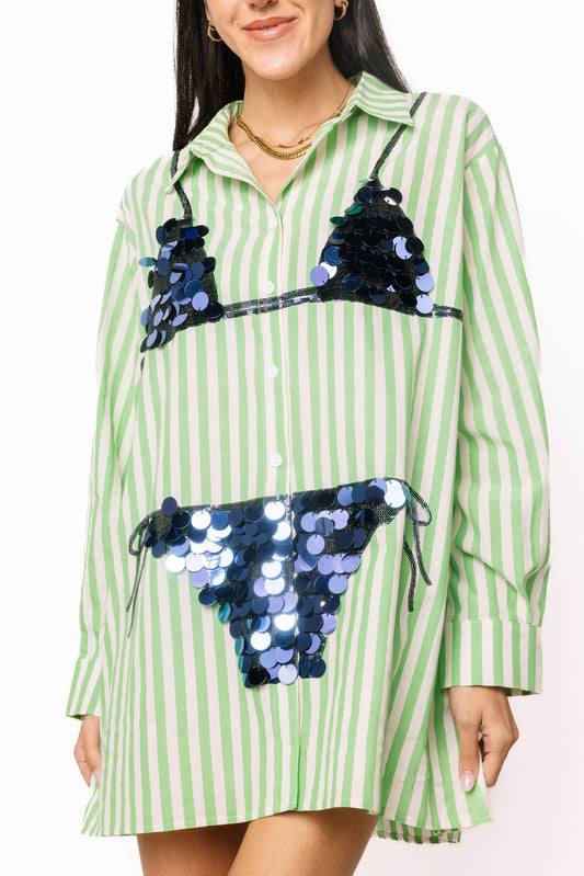 Green Striped Navy Paillette Bikini Tunic