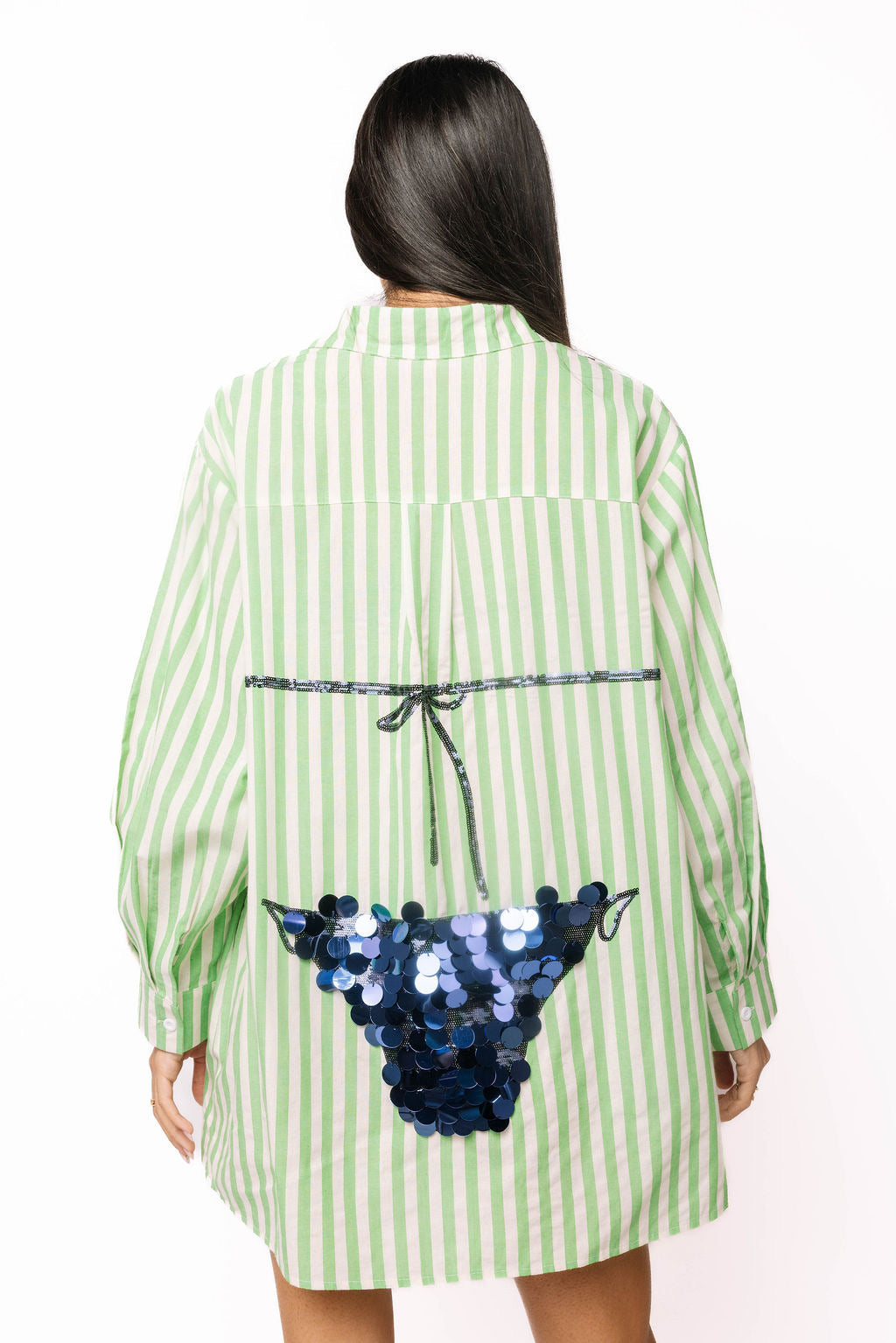 Green Striped Navy Paillette Bikini Tunic