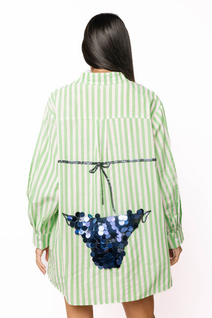 Green Striped Navy Paillette Bikini Tunic