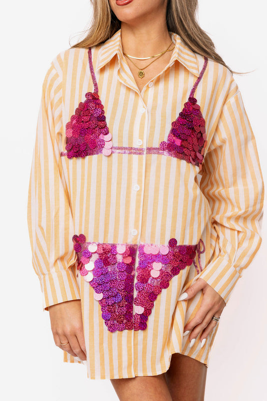 Orange Striped Pink Paillette Bikini Tunic