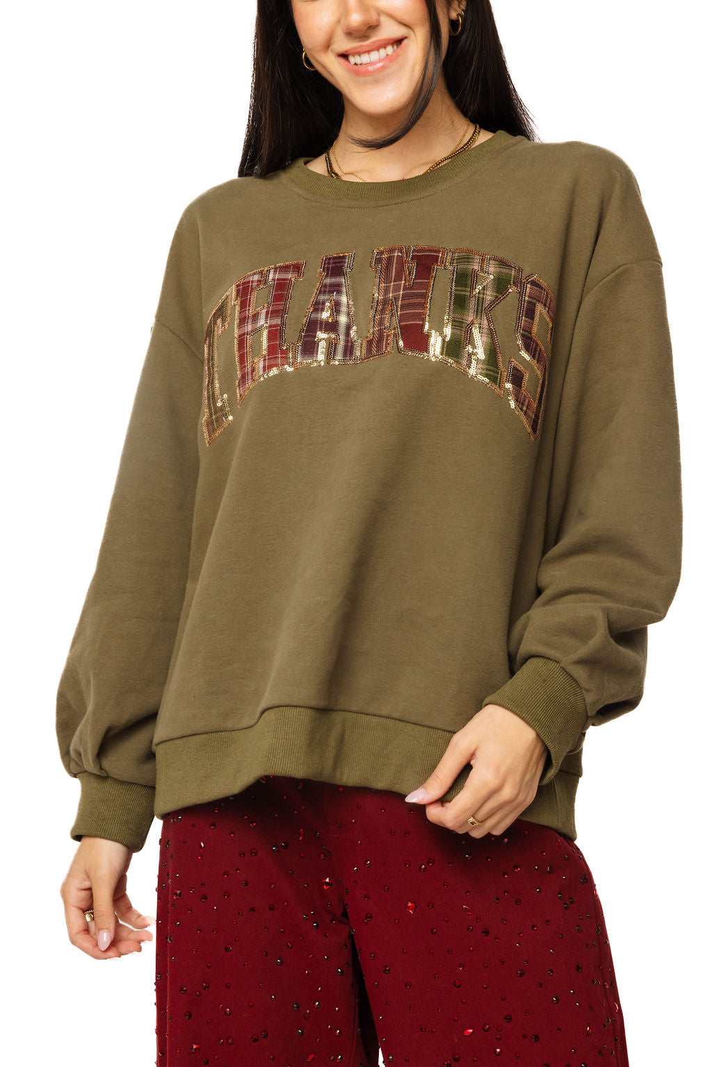 Brown Plaid 'Thanks' Sweatshirt