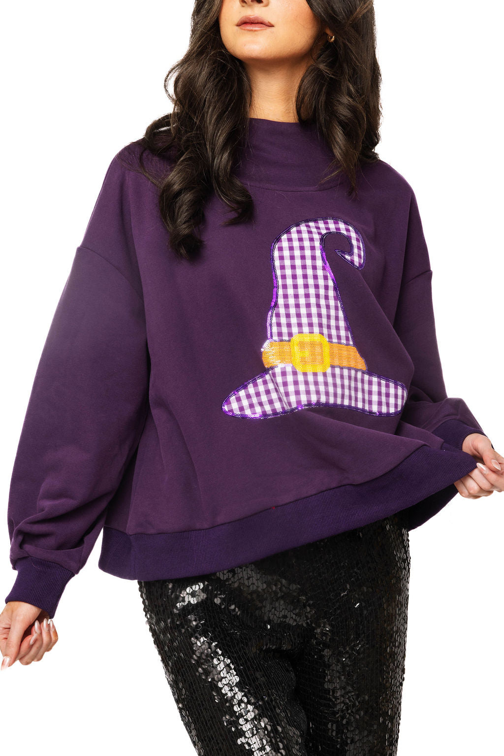 Dark Purple Gingham Witch Hat Mockneck Sweatshirt