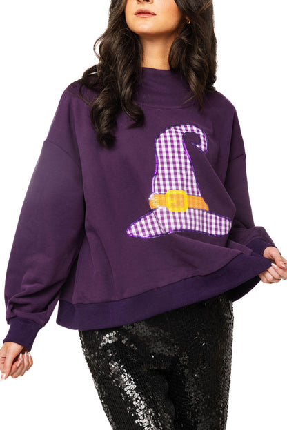 Dark Purple Gingham Witch Hat Mockneck Sweatshirt