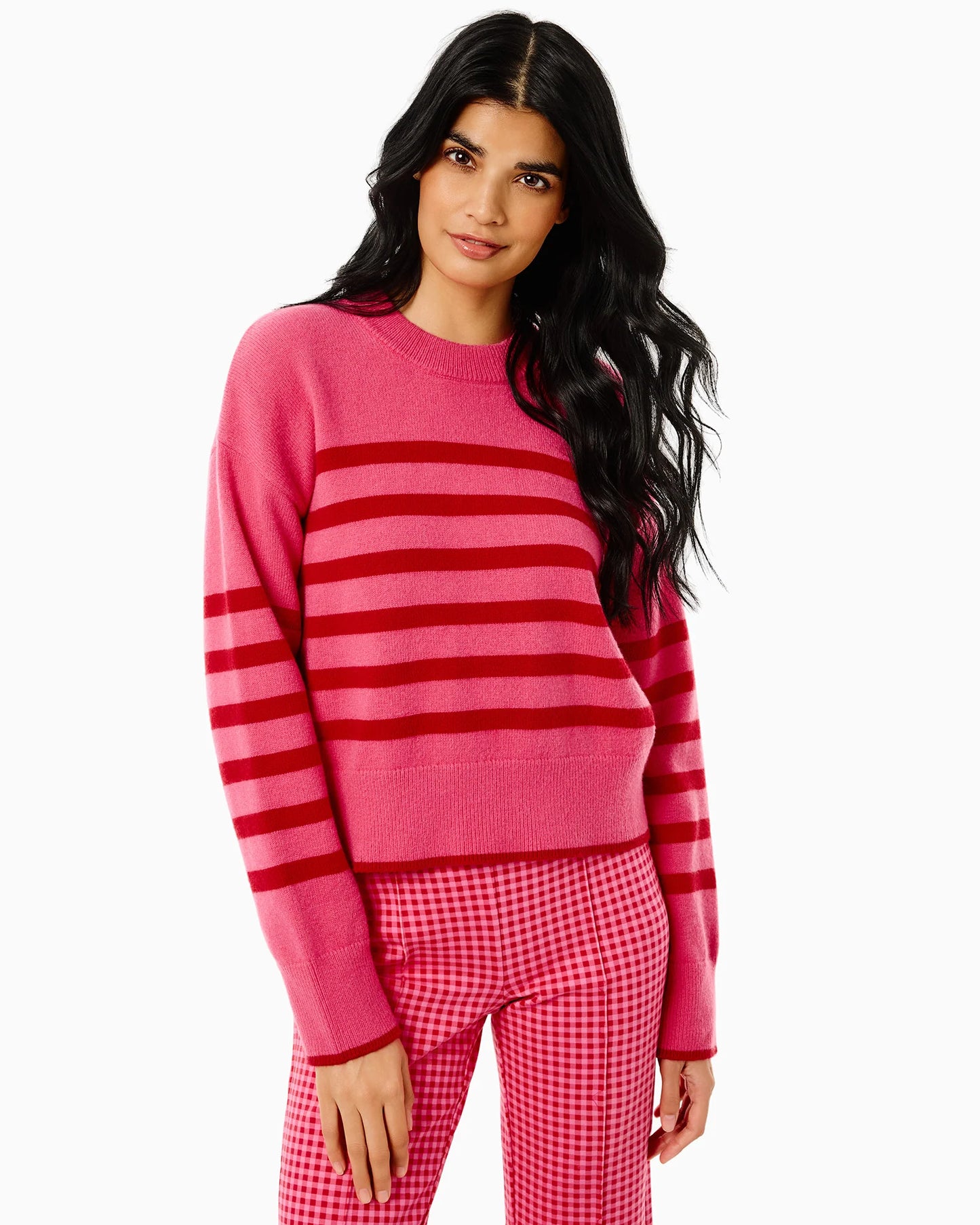 Knit Junior Carlyle Crewneck Sweater -  Rose/Cherry Stripe