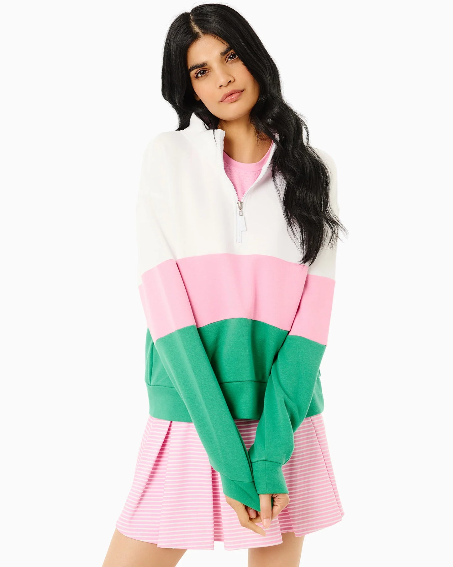 JV Quarter Zip Sweatshirt -  Super White/Bubblegum/Palm