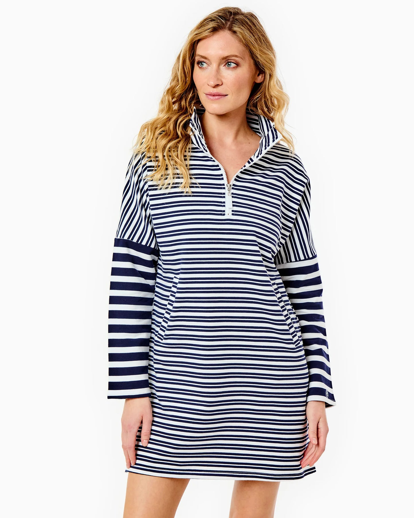 Luxe Terry Delancey Dress - Super White/Navy Double Stripe