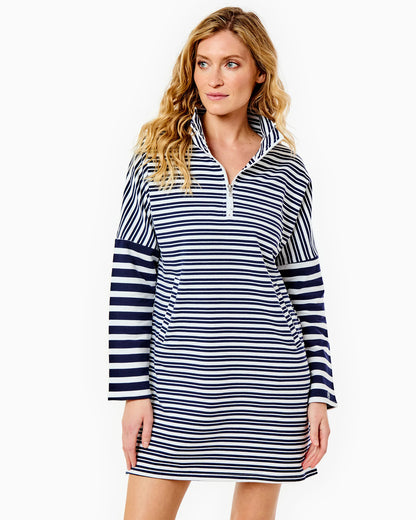 Luxe Terry Delancey Dress - Super White/Navy Double Stripe