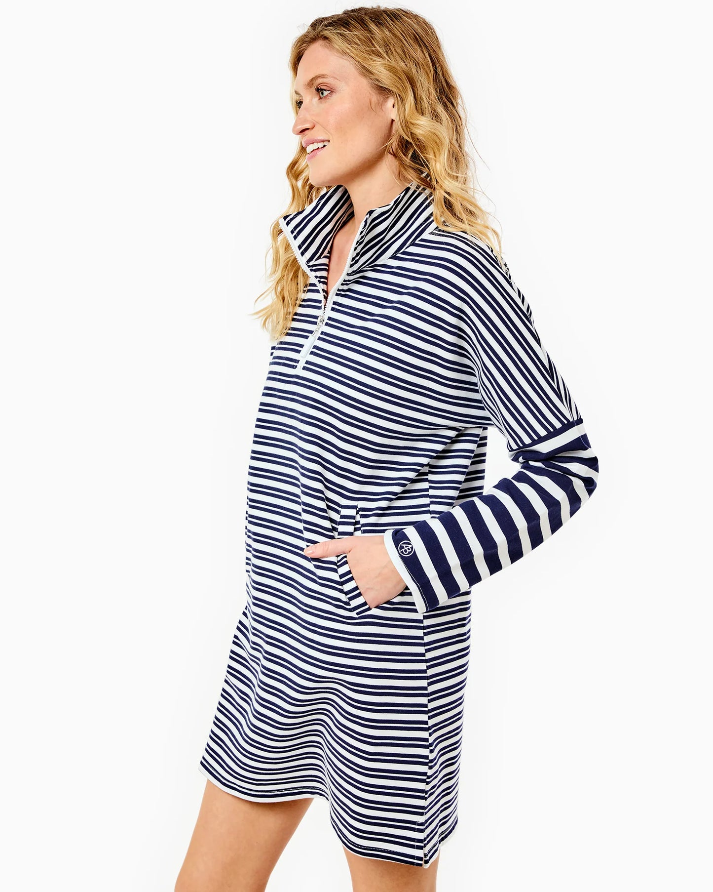 Luxe Terry Delancey Dress - Super White/Navy Double Stripe