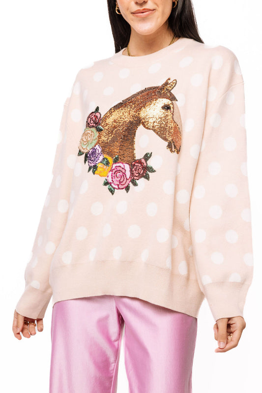 Tan Polka Dot Horse with Rose Wreath Sweater