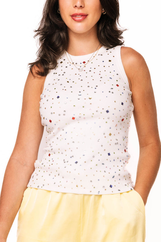 White Multi Rhinestone Tank Top