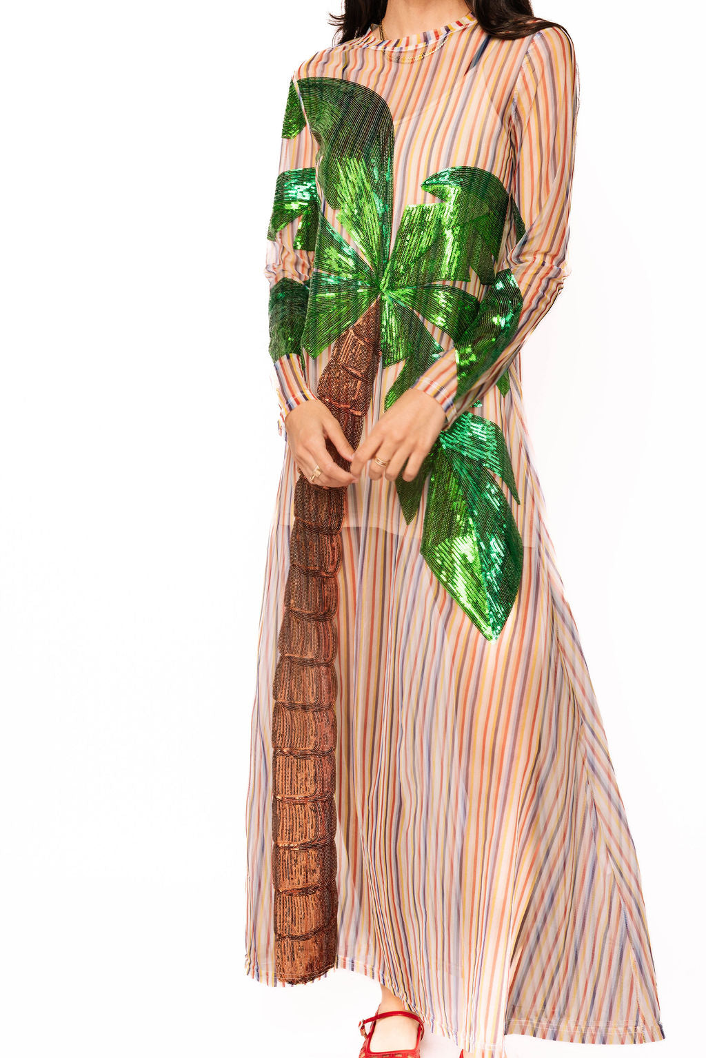 Rainbow Stripe Long Sleeve Palm Tree Sheer Coverup