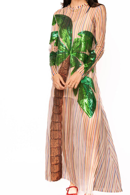 Rainbow Stripe Long Sleeve Palm Tree Sheer Coverup
