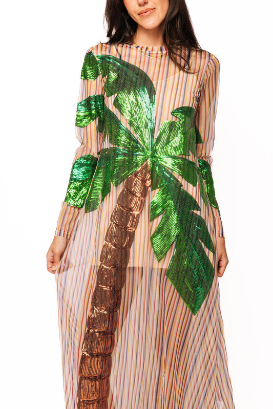 Rainbow Stripe Long Sleeve Palm Tree Sheer Coverup