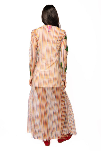 Rainbow Stripe Long Sleeve Palm Tree Sheer Coverup