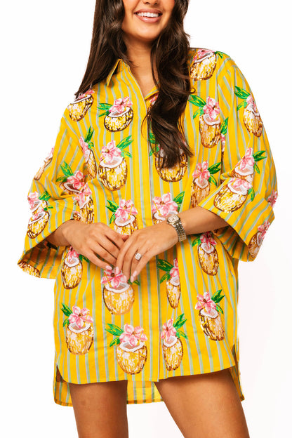 Yellow Striped Coconut Drink Button Up Cotton Tunic