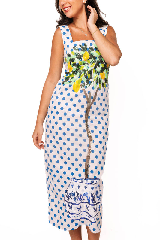 White & Blue Polka Dot Lemon Tree Midi Tank Dress