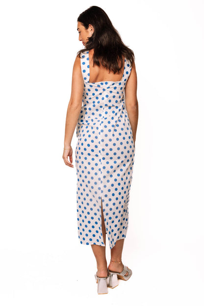 White & Blue Polka Dot Lemon Tree Midi Tank Dress