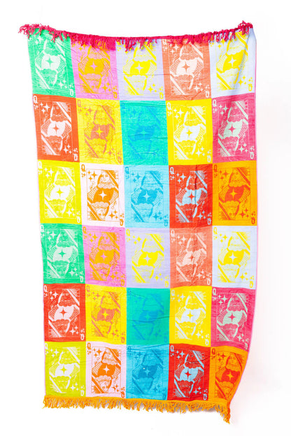 Multi Colorblock QOS Card Logo Fringe Beach Towel