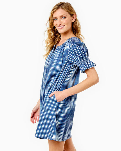 Cotton Poplin Short Sleeve Sailor Dress - Navy Gingham
