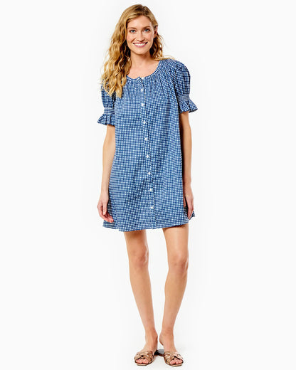 Cotton Poplin Short Sleeve Sailor Dress - Navy Gingham