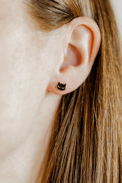 Screwback Stud Earrings - Black Cat