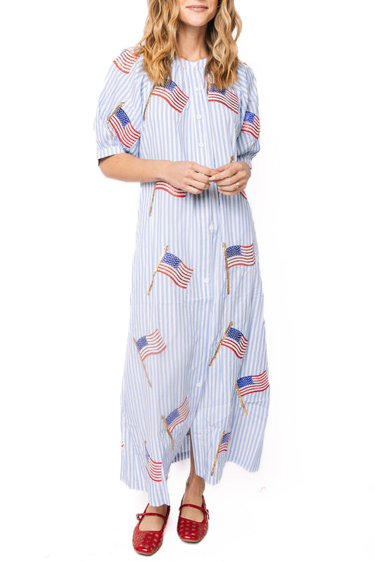 Light Blue & White Striped American Flag Cotton Button Up Midi Dress