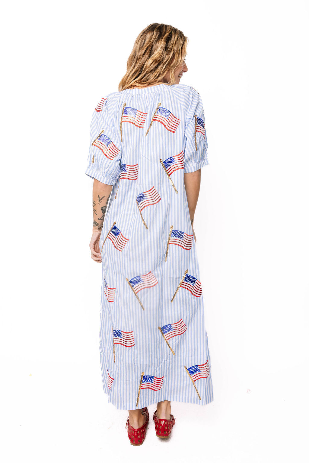 Light Blue & White Striped American Flag Cotton Button Up Midi Dress
