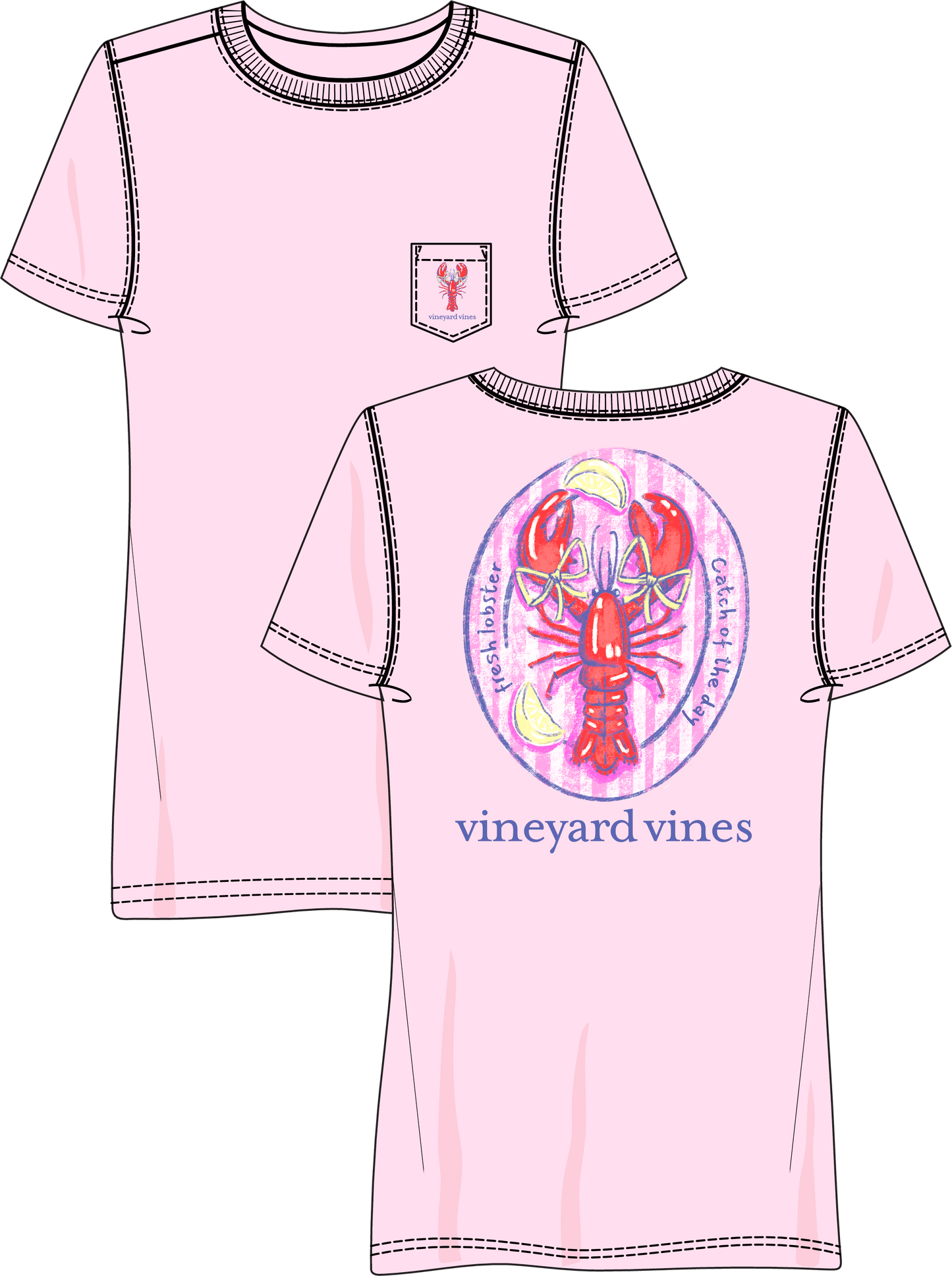 Short Sleeve Pocket Tee- Pink Drink Lobster