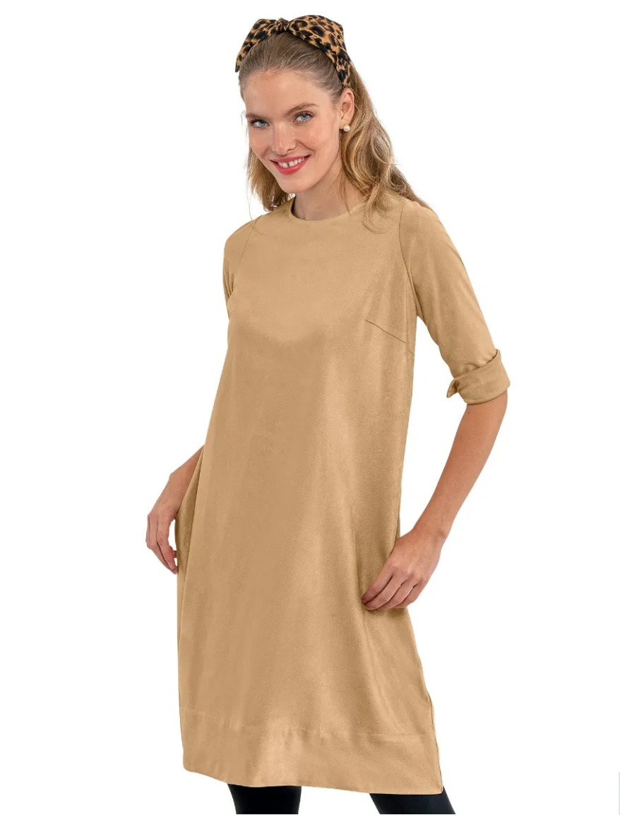Ultra Suede Button Back Swinger Dress - Khaki