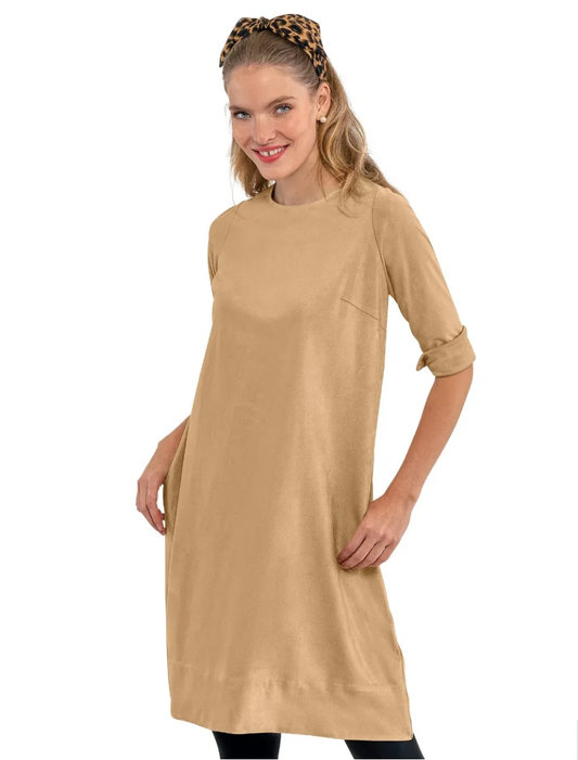 Ultra Suede Button Back Swinger Dress - Khaki